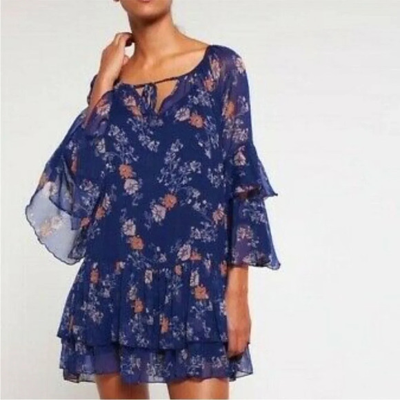 Free People Floral Boho Tiered Tunic Mini Dress size S - Picture 2 of 8
